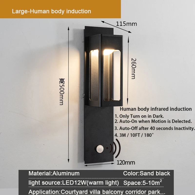 IP67 Waterproof Outdoor LED Wall Lighting Motion Sensor Aluminum Black Bronze Garden porch Sconce Light 96V220V Sconce Luminaire